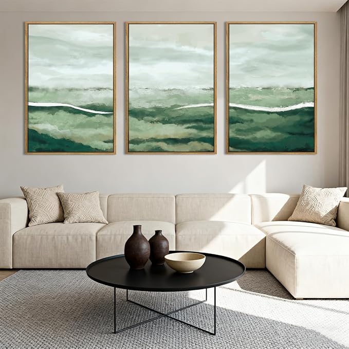 ANHUIB Large Green Abstract Framed Wall Art Set of 3 Sage Green Landscape Canvas Wall Decor 24x36 InchBeige Neutral Watercolor Lake Textured Illustrations Painting for Living Room Bedroom Dining Room