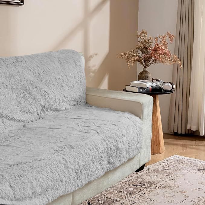 Dogs/Cats Bed Mats, Dog Pad Washable Removable Couch Cover with Anti-Slip Back, Plush Long Fur Mat, Perfect for Small, Medium and Large Dogs.(Light Gray, 52"x82")