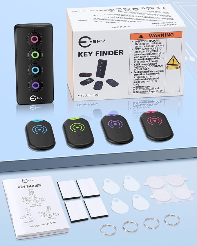 Esky Ultra Slim Key Finder Locator with 80dB Sound and 4 Receivers | Wireless Wallet Tracker and Item Locators Beeper Tags for Finding Key, TV Remote, Wallet, Pets and Phone, Gifts for Men
