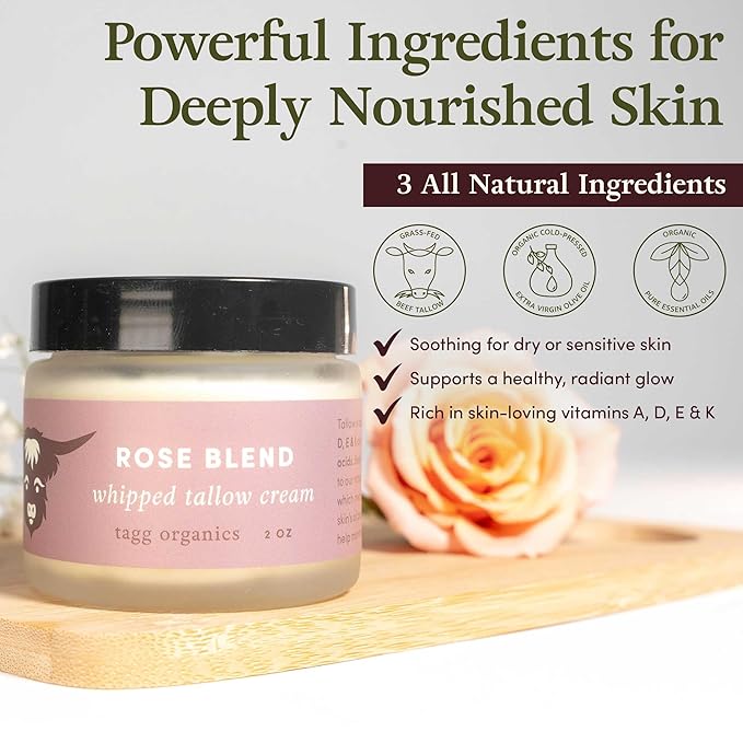 Whipped Tallow Cream for Skin - 100% Organic & Chemical-Free - Deep, Long-Lasting Hydration & Nourishment for Dry & Sensitive Skin (Rose-Infused 2oz)