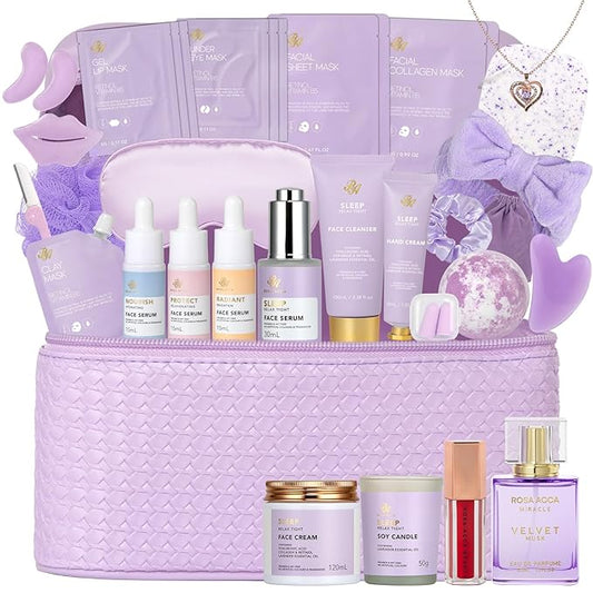 33 pcs Mother's Day Gift for Mom, Lavender Bath & Body Basket Gift Set for Women, Home Spa Kit, Face Sheet Mask Skin Care Gift Set, Cosmetic Bag, Necklace, Birthday, Christmas, Anniversary, Wife
