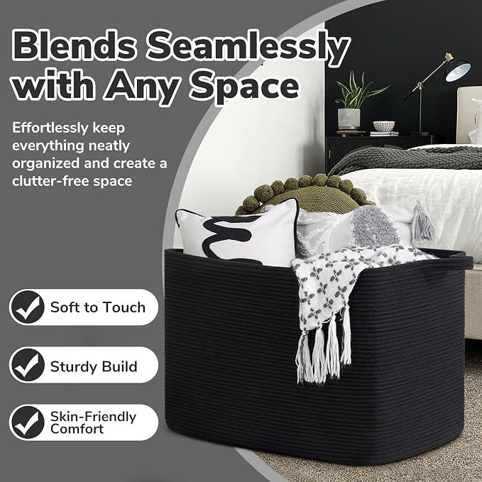 Goodpick 105L Extra Large Woven Rope Blanket Basket, Rectangle, Black | 25'' x 16'' x 16'' Storage Basket for Blankets, Pillows & Clothes, Living Room, Bedroom & Nursery Organization, Handles