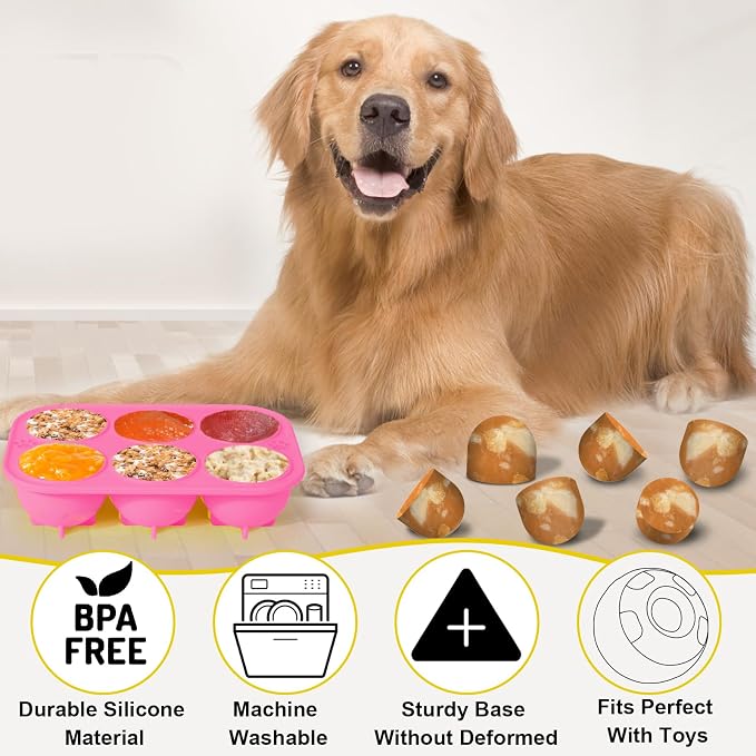 BABORUI 6 Cavities Silicone Dog Treat Molds for Woof Pupsicle & WOOF Party Pupsicle Large 25-75lbs, Reusable Silicone Popsicle Molds for Making Mix Refills Birthday Pops Popsicle Treats (L-Pink)