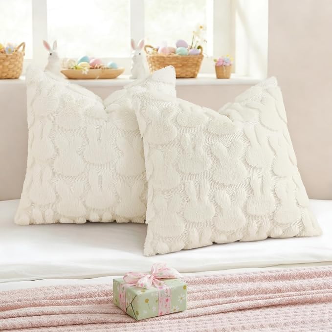 decorUhome Cream White Faux Fur Bunny Throw Pillow Covers 20X20 Set of 2 | Plush Soft Wool Jacquard Cream White Rabbit Cushion Covers, Modern Farmhouse Easter Holiday Decor PillowCases for Sofa Bed