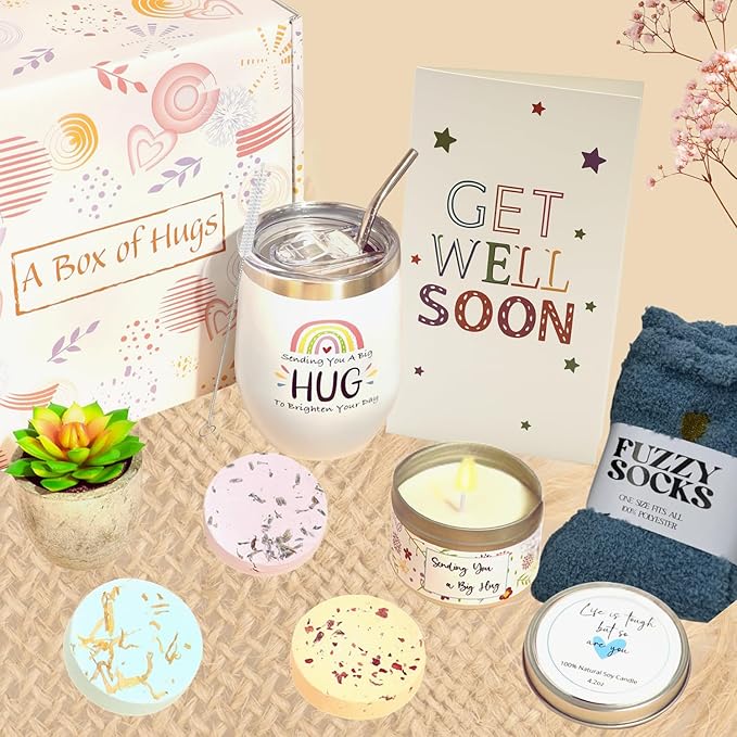 Get Well Gift Box for Women - Hugs & Healing Luxury Care Package for Her, Feel Better Soon Basket - Sympathy and After Surgery Recovery Gifts - Thinking of You
