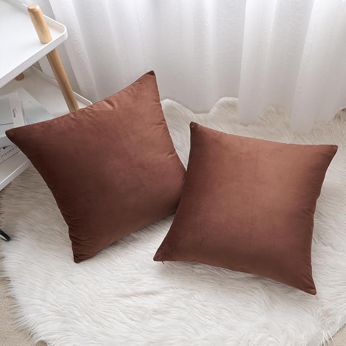 Velvet Decorative Throw Pillow Covers, Soft Square Cushion Case Home Decor for Living Room Couch Bed Sofa, Set of 2 Pack, Brown, 24x24 Inch