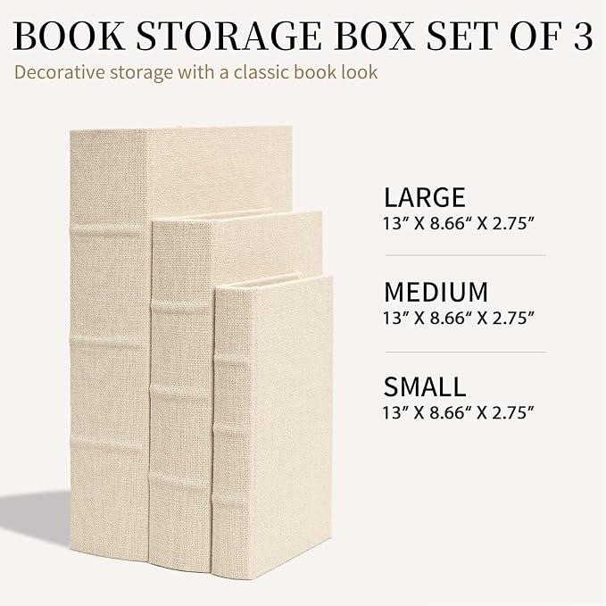DECOR4SEASON Decorative Book Boxes Set of 3 – Modern Faux Linen & Wood Hidden Storage for Coffee Table – Stackable Fake Books for Shelf Decor, Remote Control & Jewelry Organizer (Beige)