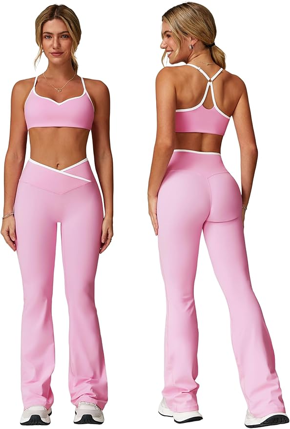 ABOCIW Workout Sets for Women 2 Piece Color Block Strappy Sports Bra High Waist Shorts Gym Yoga Pilates Outfits