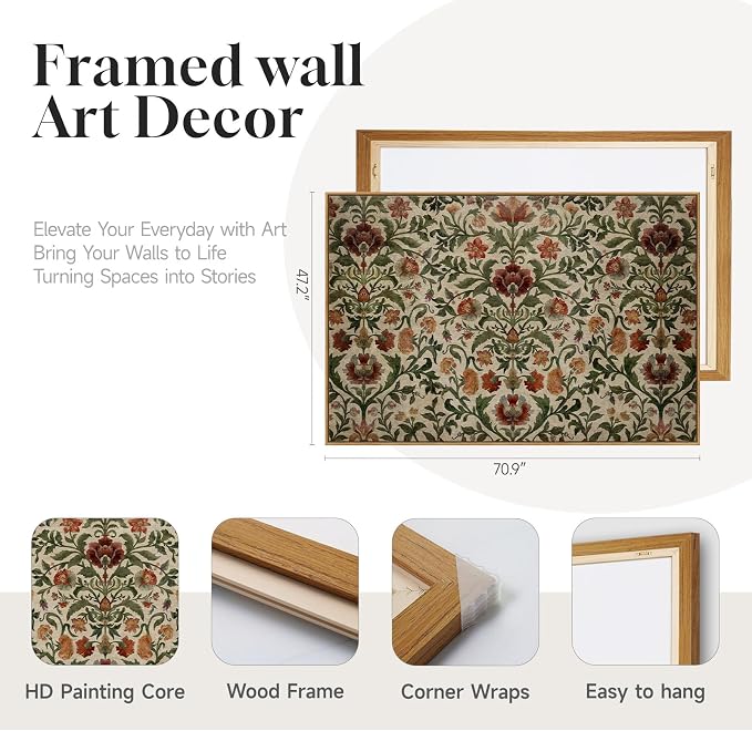 Extra Large Framed William Morris Style Wall Art for Living Room, Oversized Vintage Floral Canvas Prints Artwork for Walls, Horizontal Retro Rustic Painting Hallway Dining Room Wall Decor, 72x48 Inch