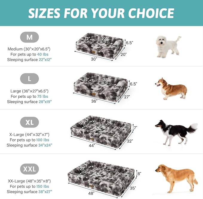 COZY KISS Faux Fur Orthopedic Dog Bed Washable for Extra Large Dogs, XXL | Soft Warm Pet Sofa with Sides or Bolster, Non-Slip and Big Dog Couch with Removable Waterproof Cover, 48x35 in, Tie Dye Grey