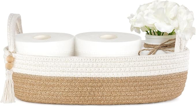 Mkono Toilet Paper Basket, Boho Bathroom Decor, Small Storage Organizer | Brown and White, 13"L x 6"W, Back of Toilet Basket, Decorative Woven Tray with Handles, Space-Saving, Living Room Bedroom
