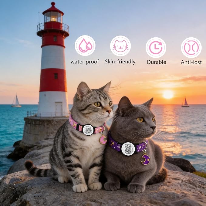 2PCS Breakaway Cat Collars with QR Code Bell Moons Stars Cute Kitty Adjustable Safe Kitten Collars with Pendant Glow in The Dark. Smart ID tag.Real-time scan alerts (Purple&Pink)