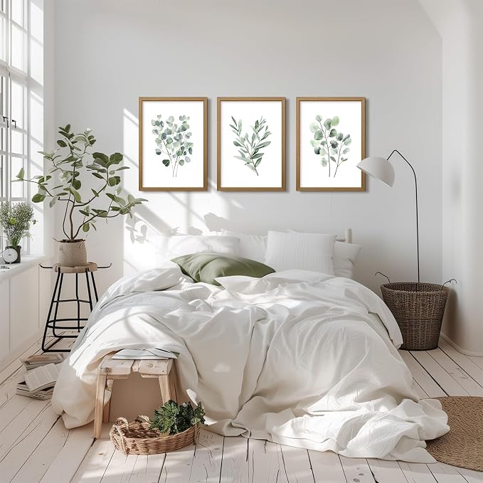 Botanical Wall Art Sage Green Canvas Wall Decor Eucalyptus Art Watercolor Plant Pictures Green Botanical Prints Minimalist Leaf Painting Set of 3 for Bathroom Living Room 16x24 Inch Wood Framed