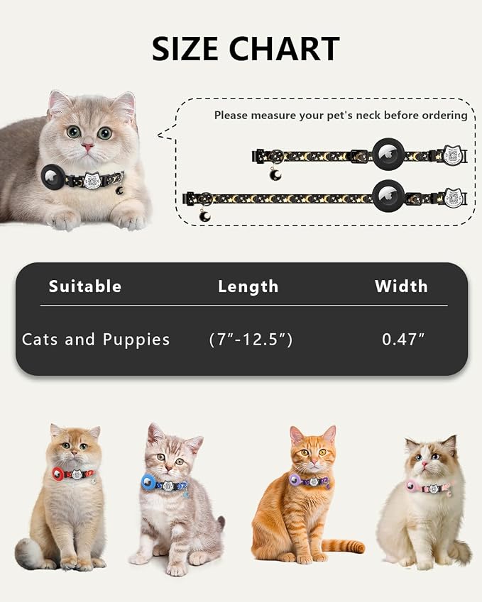 Breakaway Safety Cat Collar with QR Code ID, Integrated AirTag Holder, Adjustable Kitty Collar with Stars and Moon & Glow-in-the-Dark Charm, Purple
