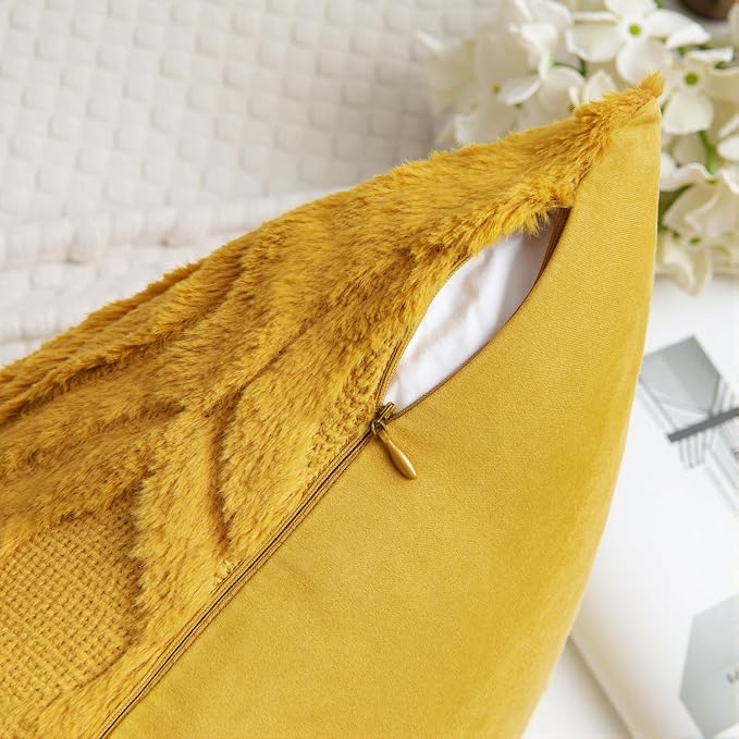 MIULEE Fall Mustard Yellow Soft Plush Faux Wool Throw Pillow Covers 16x16 | Set of 2, Farmhouse Boho Home Decor, Decorative Cushion Covers for Sofa, Living Room, Bed