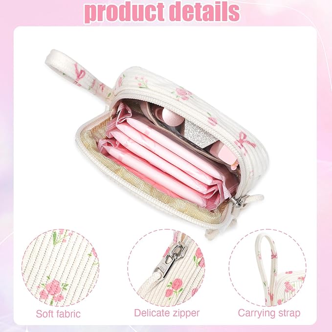 Small Makeup Bag | Discreet Period Bag Pad Pouch for Purse| Sanitary Napkin Storage & Tampon Holder for Travel Wallets and Handbags(Flower bow beige)