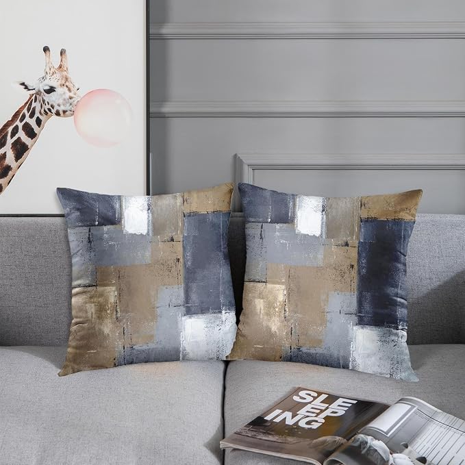 Throw Pillow Covers Set of 2, 18 x 18 Inch, Blue Brown Grey Taupe | Abstract Modern Art Outdoor Decorative Square Pillow Cases Couch Cushion Case for Couch Bed Sofa Living Room Home Decor