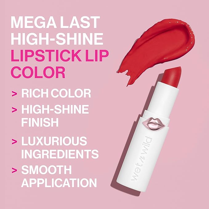 wet n wild Mega Last High-Shine Lipstick Lip Color, Infused with Seed Oils For a Nourishing High-Shine, Buildable & Blendable Creamy Color, Cruelty-Free & Vegan - Bellini Overflow