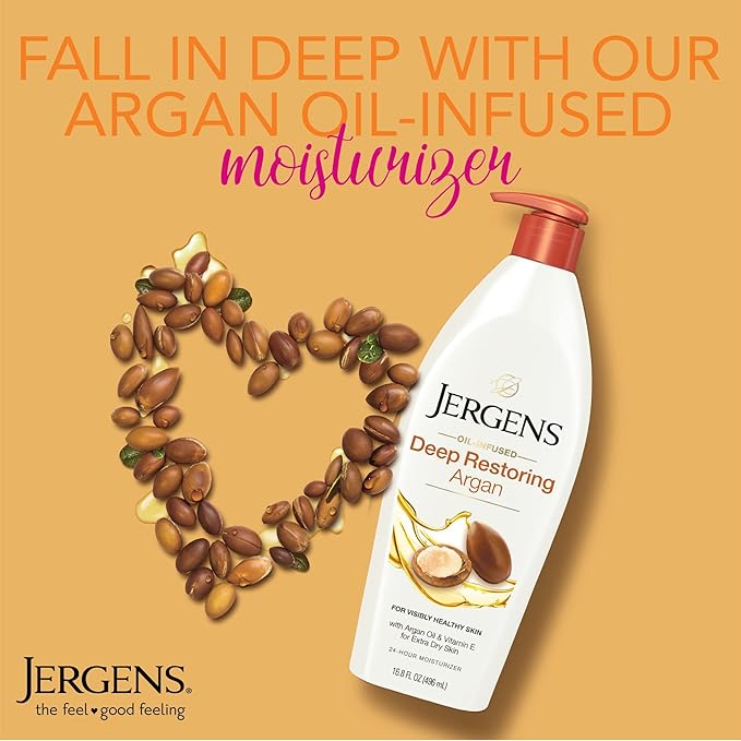 Jergens Deep Restoring Argan Oil Moisturizer, Soothing Body and Hand-Lotion with Reviving Argan_Oil and Vitamin E, Oil-Infused, Dermatologist Tested, 16.8 oz (Pack of 2)