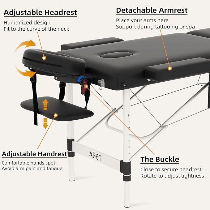 ABET Massage Table, 3 Fold Portable Professional Lash Tattoo Spa Bed, Height Adjustable 23.5" Wide Compact Facial Table with Detachable Oil Pocket Towel Rod Face Cradle Armrest, Aluminum Feet & Black