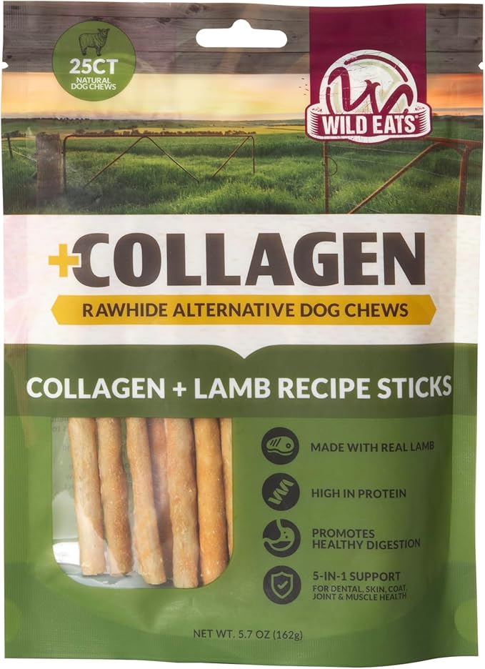 Wild Eats Lamb Collagen Sticks for Dogs, 25 Pack, Bully Stick Alternative | Rawhide and grain free no hide chew treats, 0.6 cm chew width, high protein, long lasting, satisfies natural gnawing urges