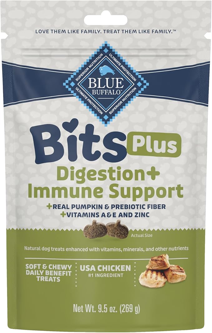 Blue Buffalo Bits Plus Chicken Dog Treats, 9.5 oz | Digestion Support, Real Pumpkin & Prebiotic Fiber, Vitamin A, E & Zinc for Immune Support