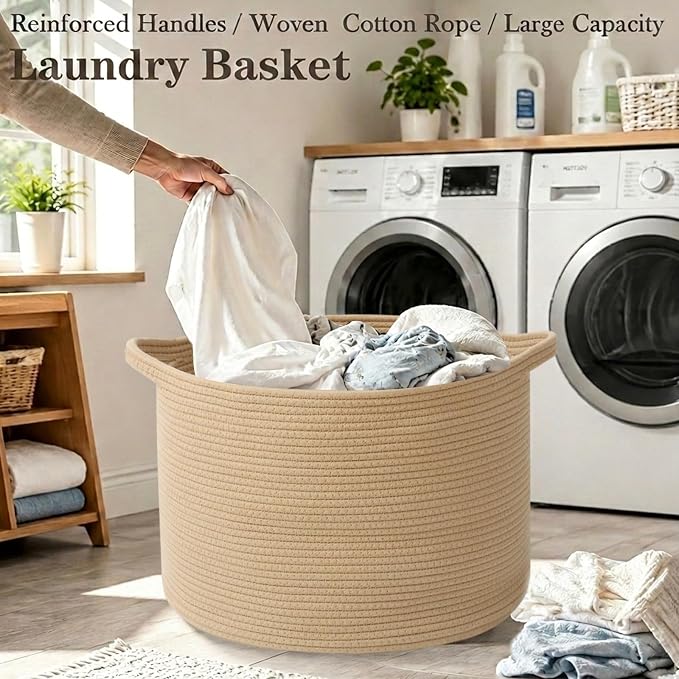 90L Extra Large Blanket Basket,Woven Rope Laundry Basket-Camel | Collapsible, reinforced handles, nursery storage bin organizes clothes, toys and pillows for living room, bedroom bathroom