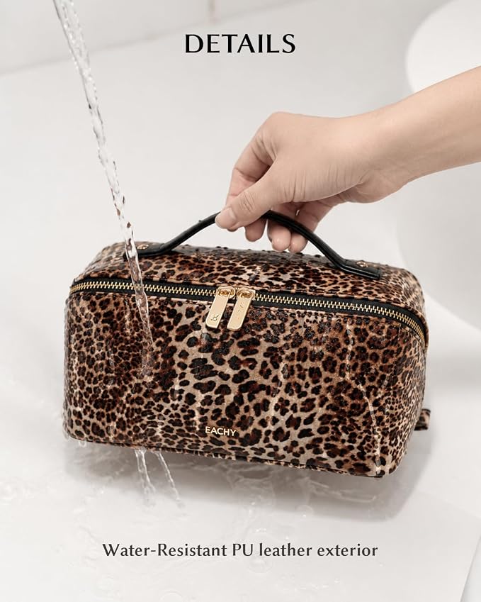 EACHY Travel Makeup Bag, Large Capacity Cosmetic Bag for Women, Waterproof PU Leather, Flat Open Portable Toiletry Bag for Skincare, Brushes & Travel Essentials