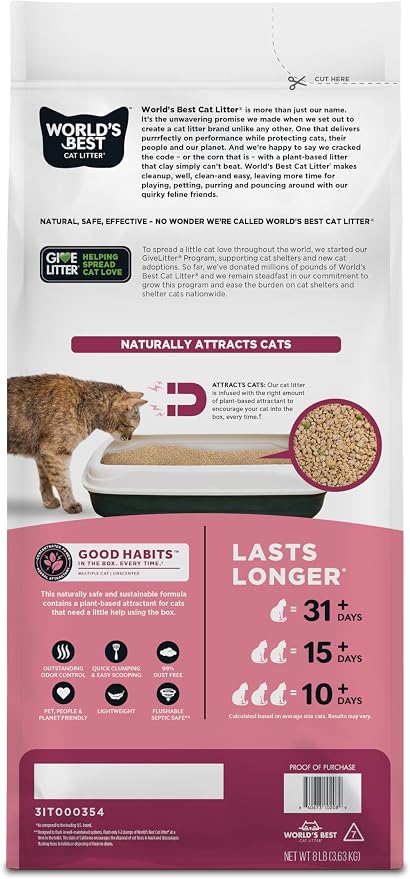 World's Best Cat Litter, Good Habits Cat Attract Litter, Unscented, 8 lb | Attracts cats and kittens with plant-based attractant; natural corn litter, quick clumping, flushable, 99% dust free formula