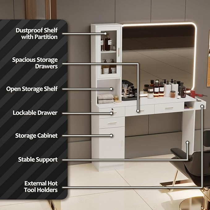 advwin Wall Mount Salon Station for Hair Styling, Barber Station with Hair Dryer Holder, Drawers, Cabinet, Salon Furniture Storage Equipment Without Mirror