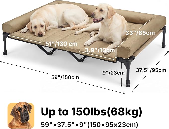 Veehoo Outdoor Elevated Dog Bed with Waterproof Bolster Cushion, Cooling | Raised Dog Bed with Removable & Washable Mat Topper, Breathable Mesh, Dog Couch Cot for Indoor Outdoor, 59", Large, Beige