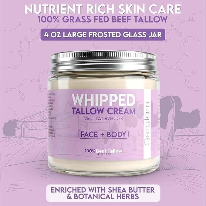 Beef Tallow for Skin, Whipped Beef Tallow Balm for Face & Body with Shea Butter and Lavender Oil, Grass Fed Beef Tallow for Eczema, Dry Sensitive Skin and Rosacea 4 Oz (Vanilla Lavender)