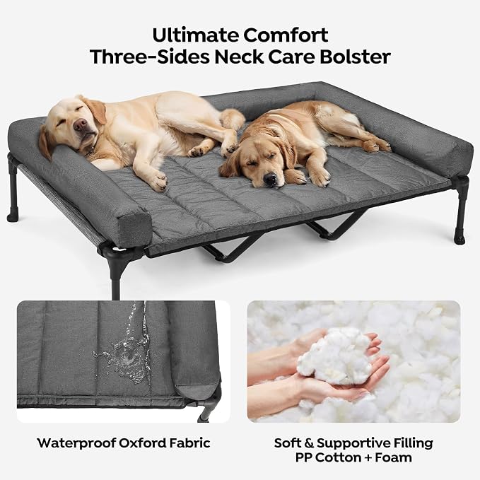 Veehoo Outdoor Elevated Dog Bed with Waterproof Bolster Cushion, Cooling | Raised Dog Bed with Removable & Washable Mat Topper, Breathable Mesh, Dog Couch Cot for Indoor Outdoor, 59", Large, Melange
