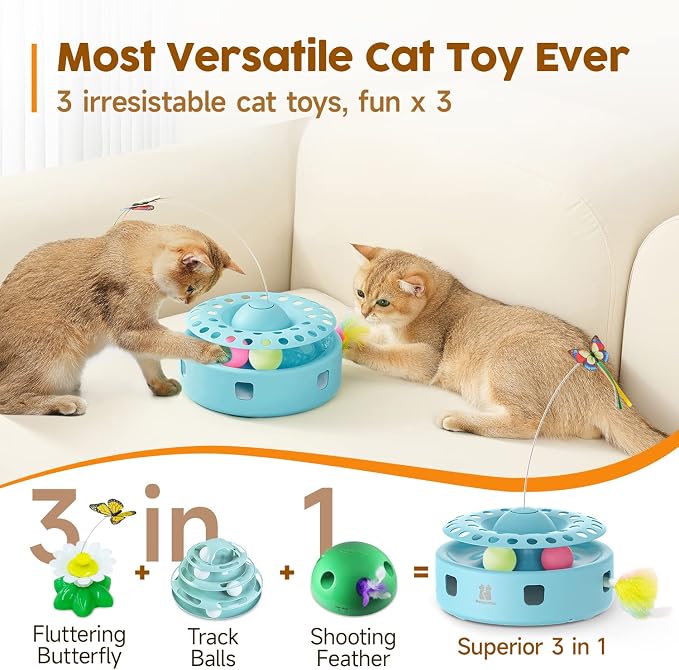 Potaroma Cat Toys 3-in-1 Automatic Interactive Kitten Toy, Fluttering Butterfly, Random Moving Ambush Feather, Track Balls, Dual Power Supplies, USB Powered, Indoor Exercise Cat Kicker (Blue) | Fluttering Butterfly, Random Moving Feather, Balls, Dual P...