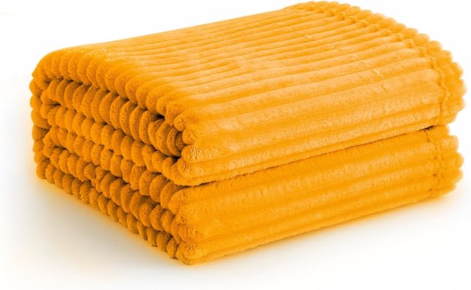 Vessia Flannel Fleece Throw Blanket for Couch,Sofa,Bed, 300GSM Striped Yellow Blanket for Adults and Kids, Super Soft Warm Cozy Lightweight Ribbed Throw for All-Season