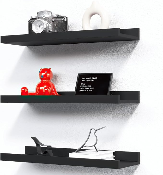 RICHER HOUSE 3-Set Floating Shelves with Lip, Black Small Wall Shelf, 16In | Display Picture Ledge Shelf, Anti-drop lip Shelf for Room Wall Decor, Bedroom Bathroom Storage Nursery Books, Easy Setup,Wood