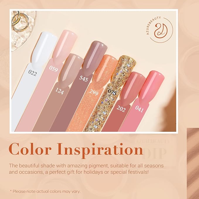 AZUREBEAUTY 30Pcs Dip Powder Nail Kit Starter with Nail Sticks, Nude Skin Tones Neutral Pink 8 Colors Dipping Liquid Set Matte Top Coat for Nail Art Manicure Salon DIY Home