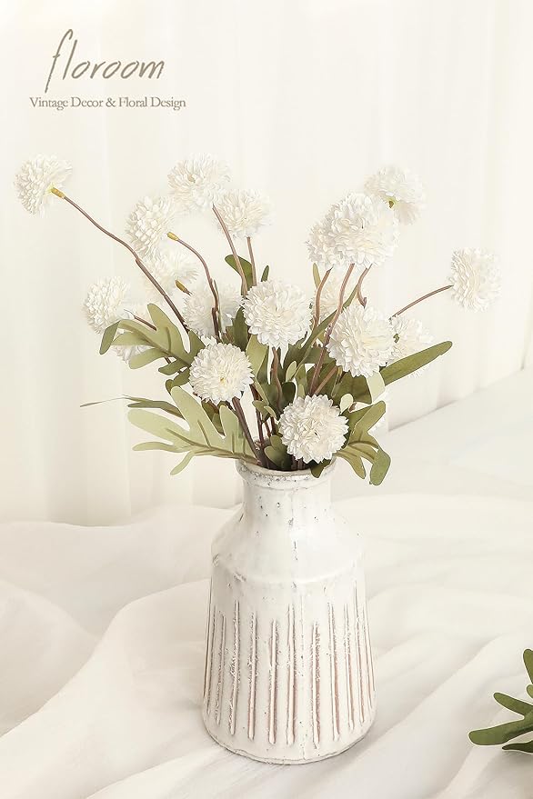 5pcs Ivory Faux Silk Mums Artificial Flowers, Bulk Fake Small Mini Chrysanthemums with Stems for DIY White Wedding Centerpieces Floral Arrangements Vase Fillers Home Decorations