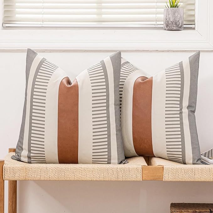 2 Pack 20x20 Inch Pillow Covers - Brown Faux Leather & Gray Stripe Print Soft Canvas Splicing, Same Pattern Both Sides | for Sofa Couch Bed Living Room, Farmhouse Industrial Minimalist Decor