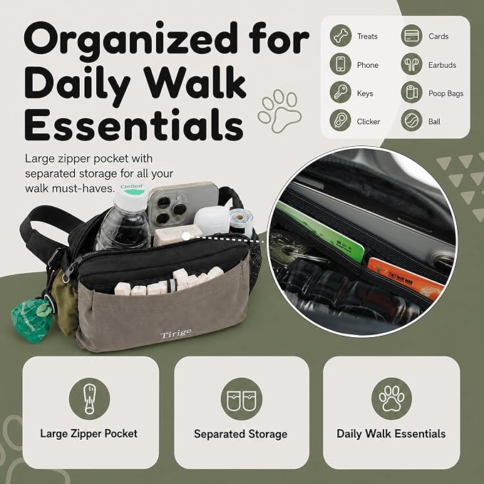 Dog Treat Pouch for Training, Magnetic Closure, Pull-Out Lining | 1.5-cup front pocket, large-phone storage, poop bag dispenser, used-bag loop, and 10-50 in strap for waist or crossbody wear