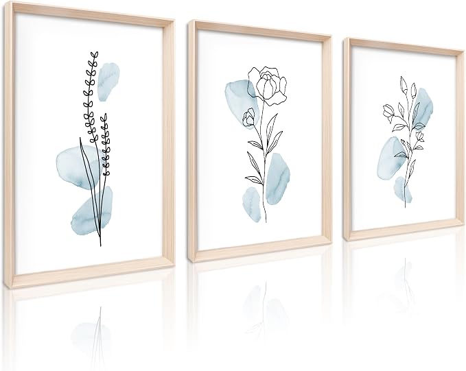 HesenDot Blue Floral Framed Wall Art, Minimalist Botanical Canvas Prints | 12x16IN Set of 3, Wood High Framed Prints, Boho Flowers Artwork, Wall Decor for Living Room Kitchen Bedroom Bathroom