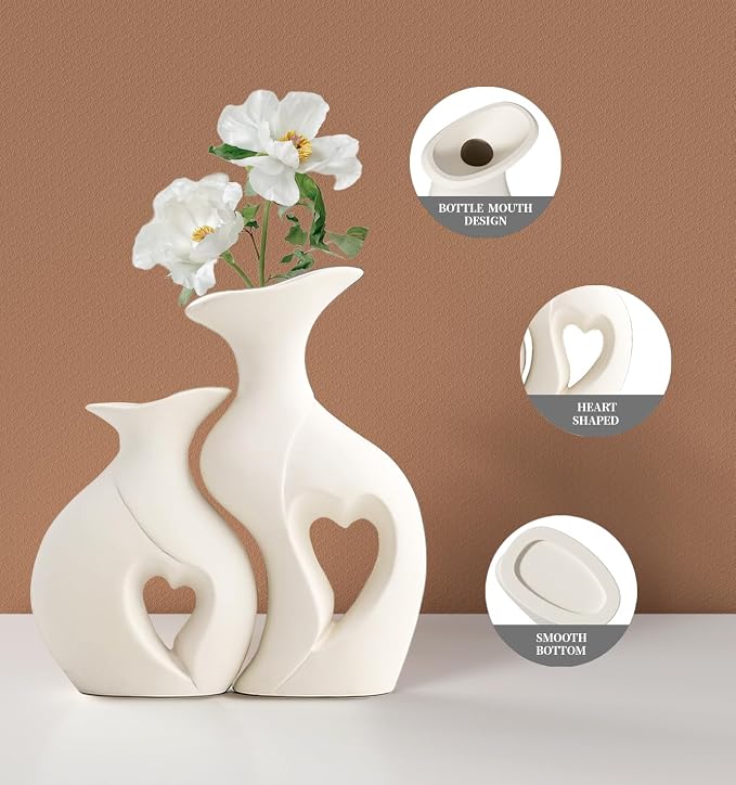 White Ceramic Vase Set of 2,Heart-Shaped Home Decor Vase | Minimalist Nordic Boho, For Wedding, Living Room, Dining Table, Bedroom, Entryway, Office, Coffee Table