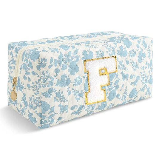 Personalized Quilted Cosmetic Bag, Puffy Monogrammed Christmas Birthday Gifts for Women & Girls, Cute initial Floral Makeup Bag Puffer Coquette Bag, Aesthetic Travel Toiletry Zipper Pouch(Blue,F)