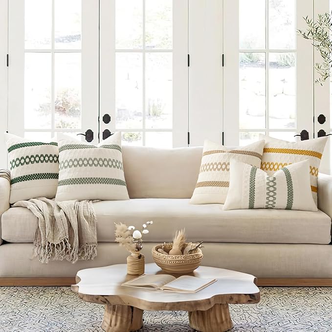 MIULEE Set of 2 Sage Green Boho Decorative Pillow Covers 16x16 Inch | Farmhouse Couch Throw Pillows, Modern Cotton Cushion Covers, Macrame Woven Spring Home Decor for Bed Sofa Chair
