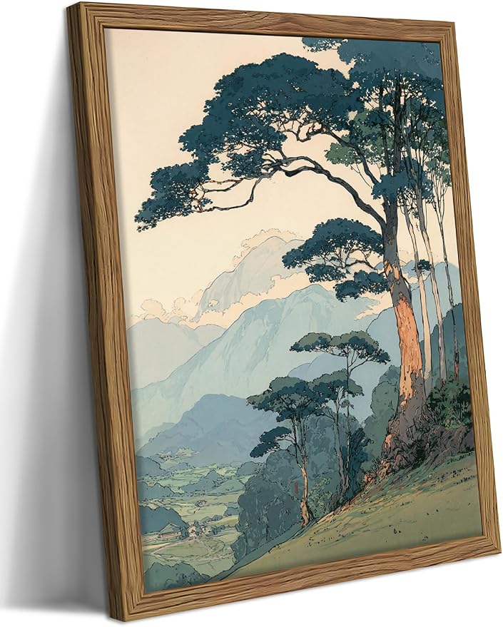 Vintage Japanese Forest Framed Canvas Wall Art – Tranquil Mountain Landscape Painting Print, Retro Nature Tree Scene Decor for Living Room Bedroom Nursery Office Home 12x16 inch