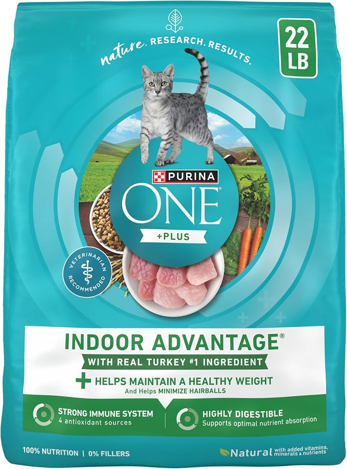 Purina ONE Indoor Advantage Weight Control Dry Cat Food, 22 lb Bag | Made with real turkey and 10% less fat, plus antioxidants and fiber to help minimize hairballs and aid in weight control