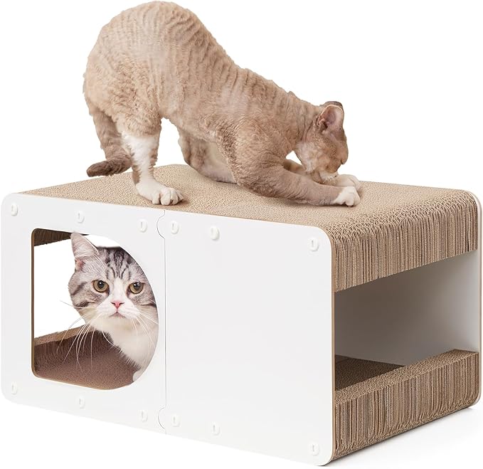 EHEYCIGA Cardboard Cat Scratcher House, 20-Inch Cat Scratch pad, White | Cat Scratching Board for Indoor Cats, High-density Corrugated Paper, Multi-function, Anti-scratch, Easy Install, Large