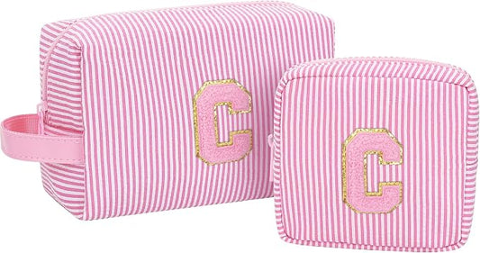 MONSTINA Personalized Initial Makeup Bag| Toiletry Bag for Girls&Women,Make Up Case for Girlfriend Bridesmaid Wife,Birthday Gift for Her Cute,2PCS,Pink C