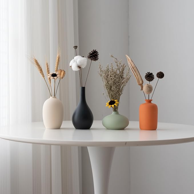 Vase Set of 4 with Dried Flower for Shelf Home Decor Matte Ceramic | For Modern Minimalist Bohemian, Pampas Grass, Home, Office, Shelf, Living Room, Bedroom,Entryway,Farmhouse Decor