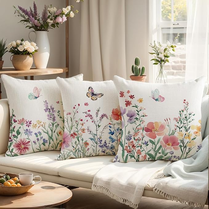 wyooxoo Spring Pillow Covers 18x18 Set of 4 Summer Farmhouse Throw Pillow Covers Floral Butterfly Decorative Cushion Cases for Sofa Couch Patio Bedroom